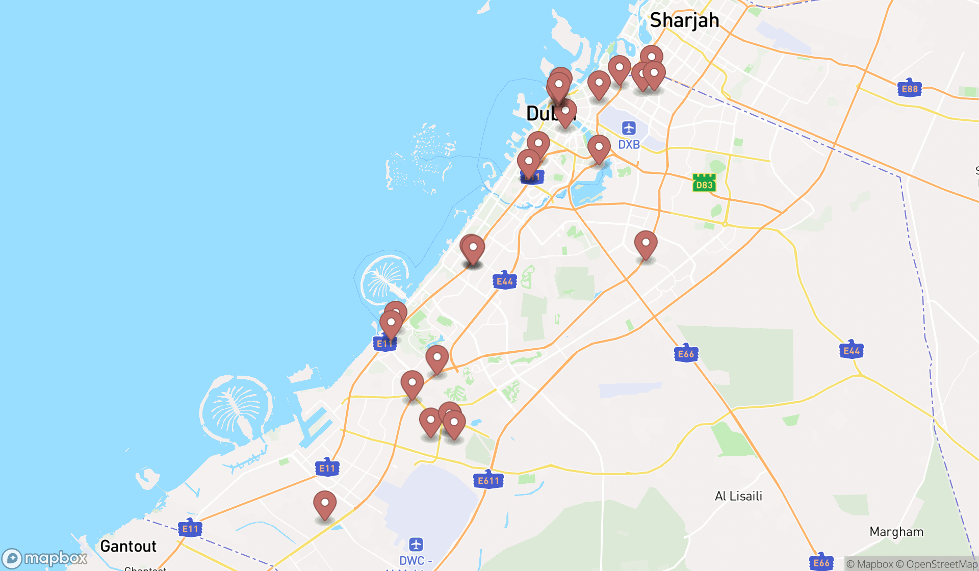 Map showing the search results in Dubai