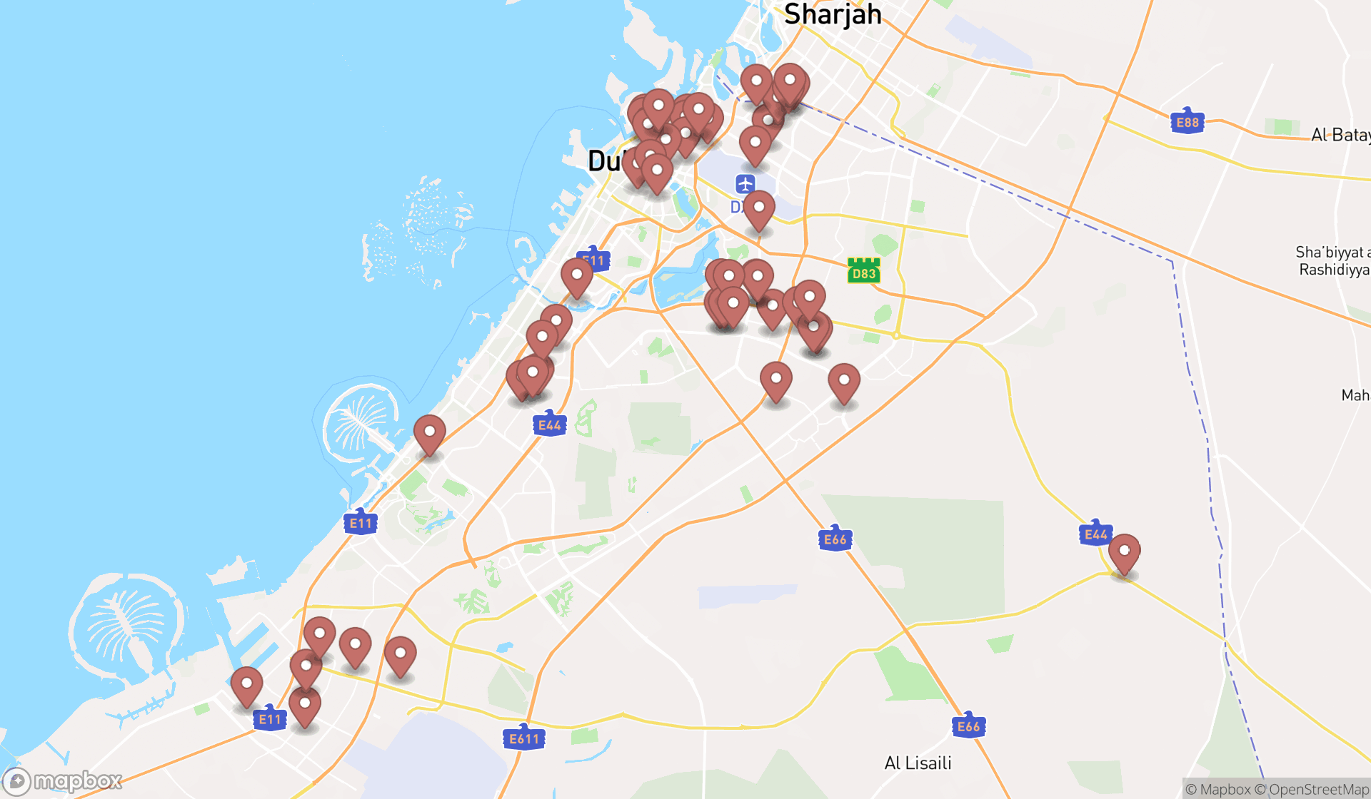 Map showing the search results in Dubai