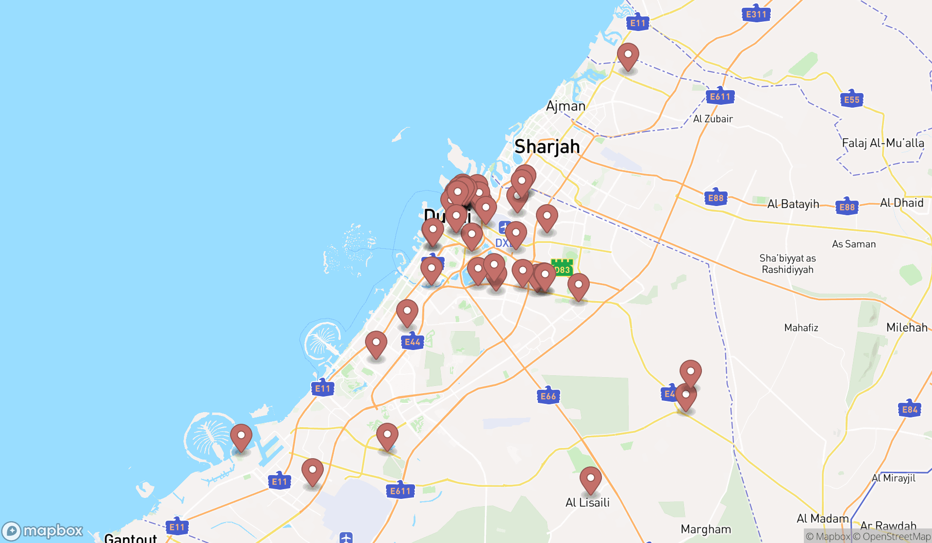 Map showing the search results in Dubai