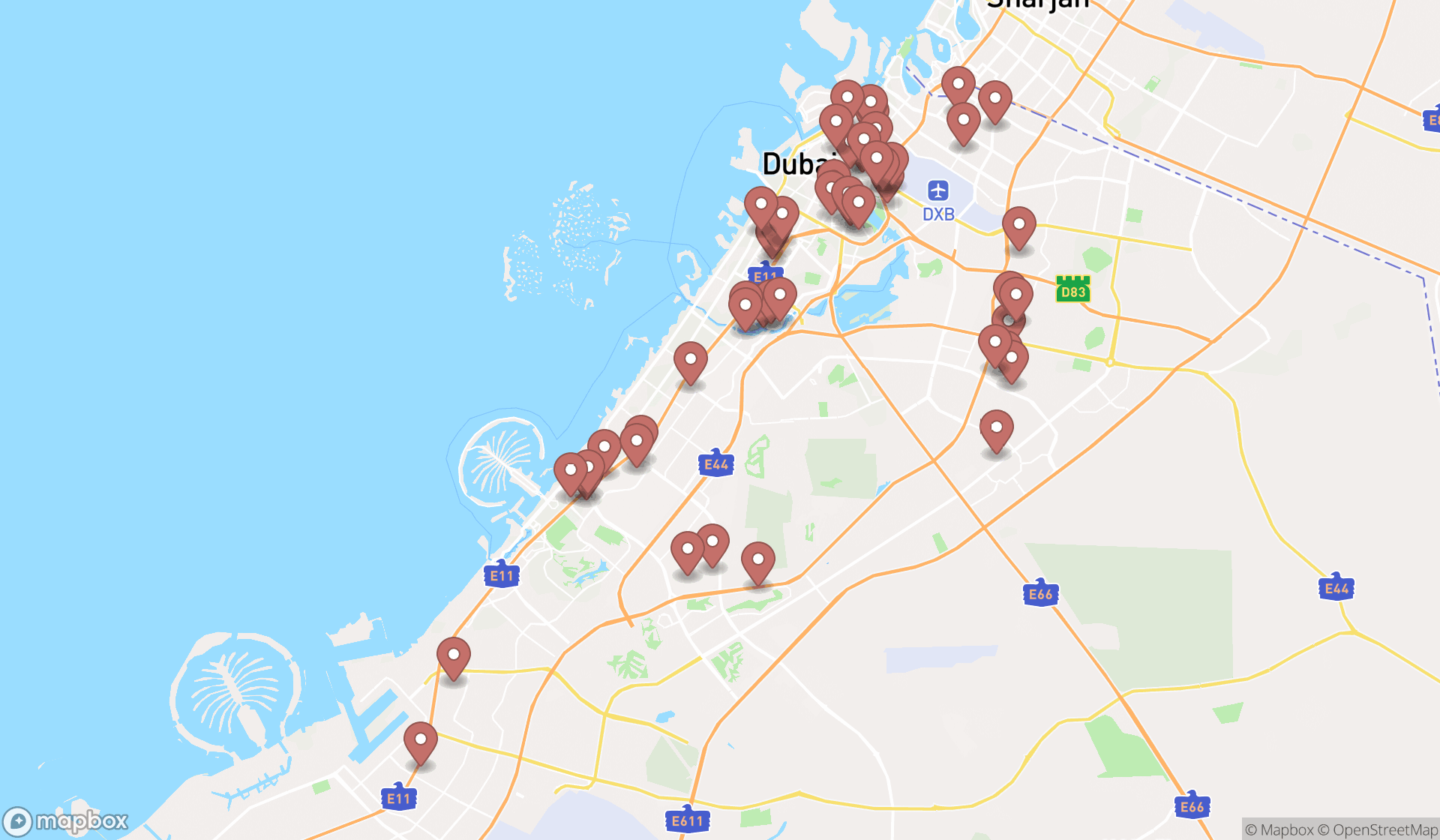 Map showing the search results in Dubai