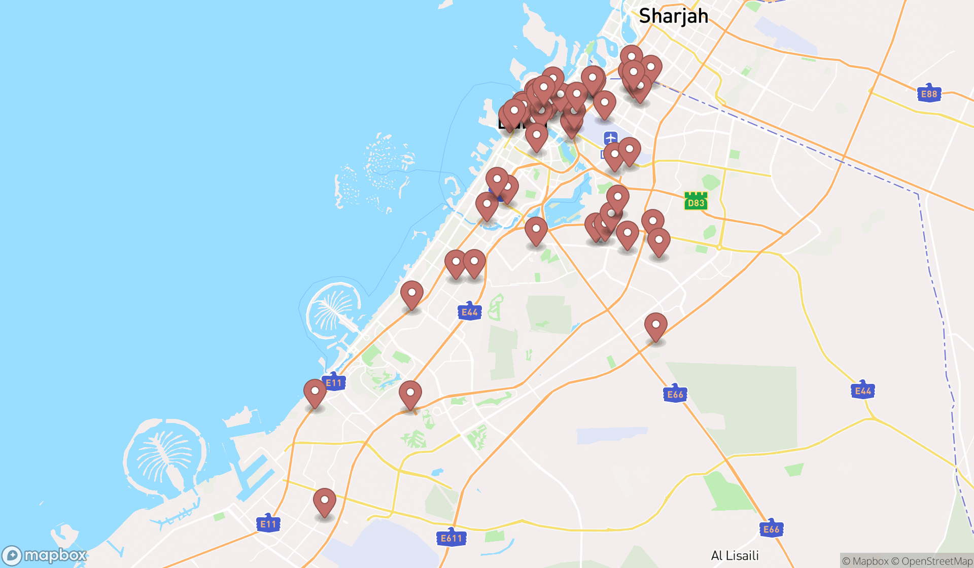 Map showing the search results in Dubai