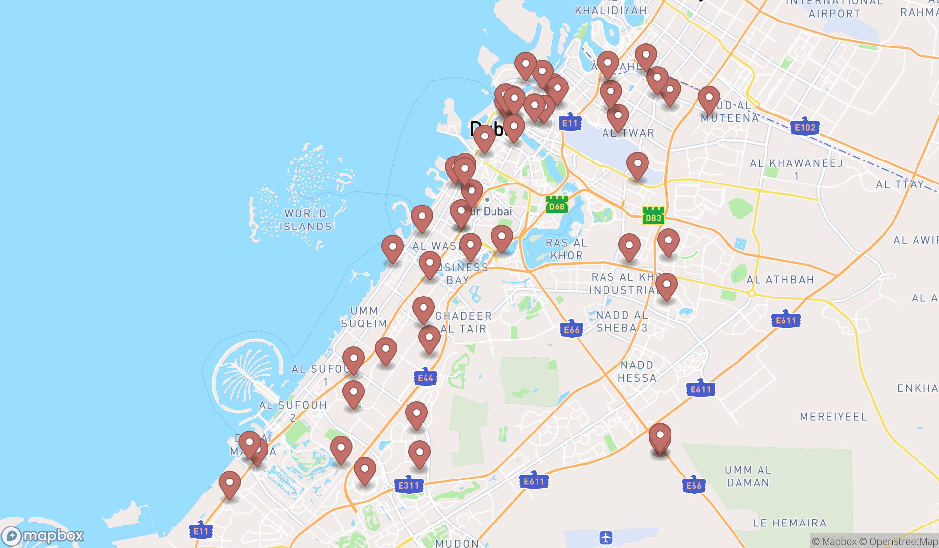 Map showing the search results in Dubai