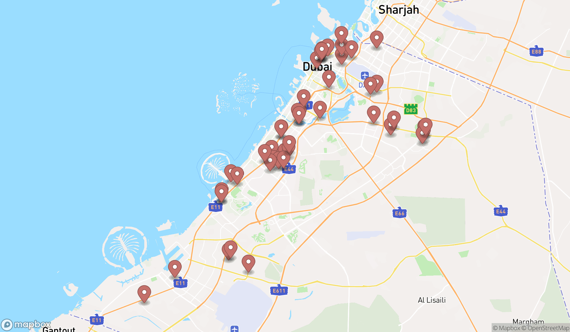 Map showing the search results in Dubai