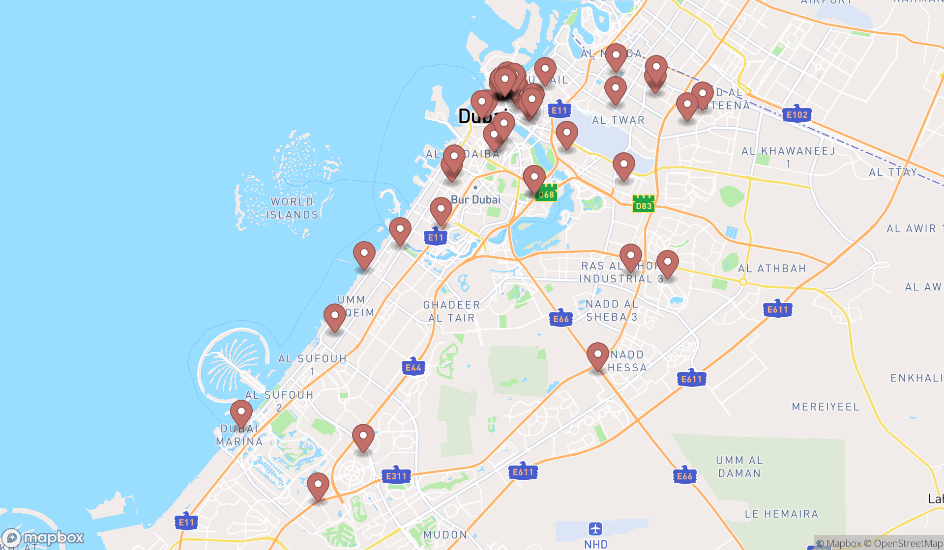 Map showing the search results in Dubai