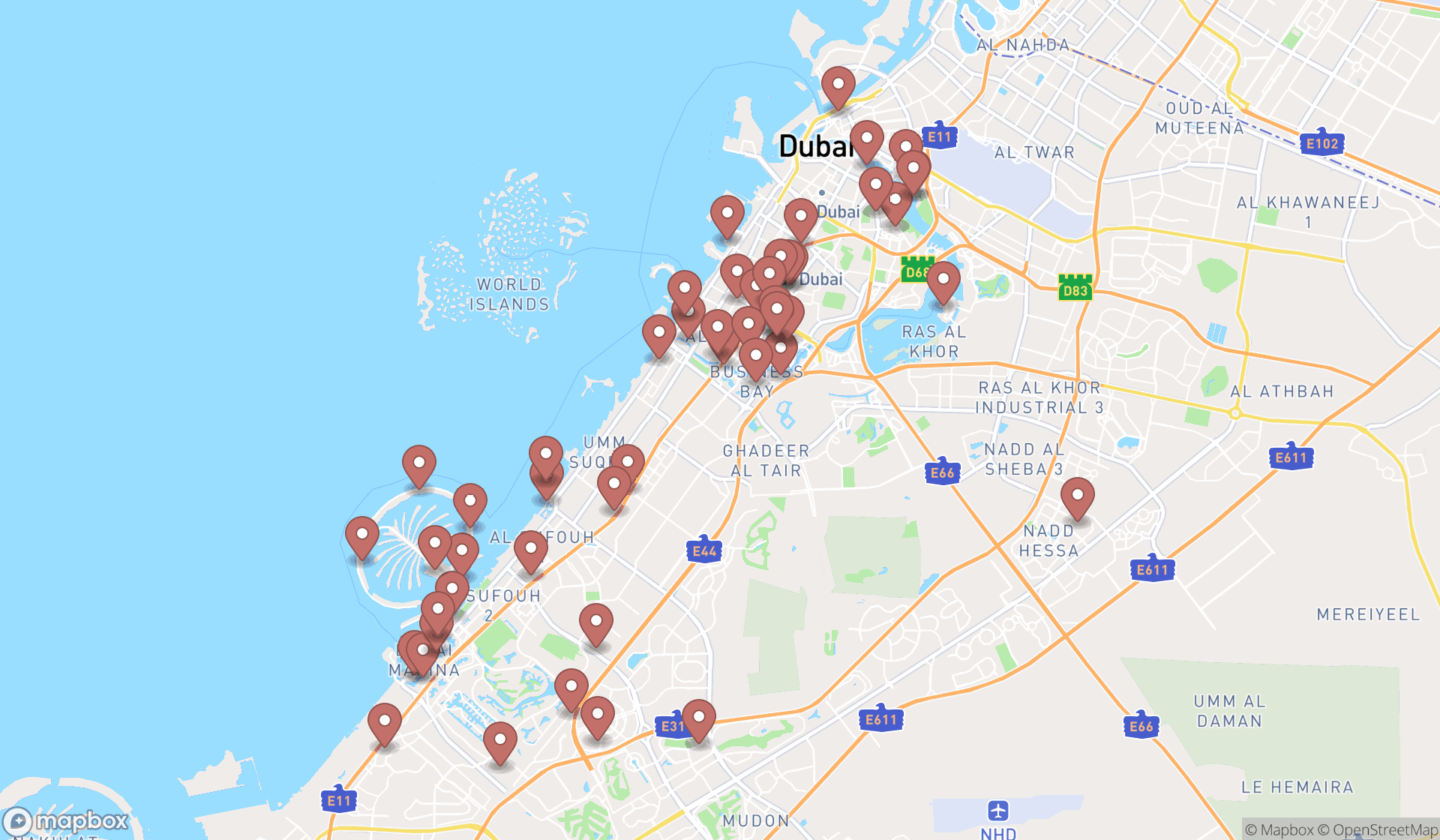 Map showing the search results in Dubai