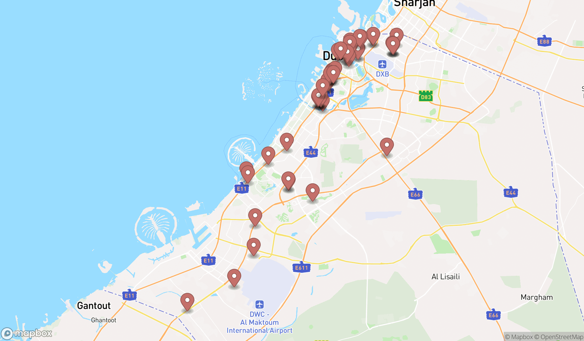 Map showing the search results in Dubai