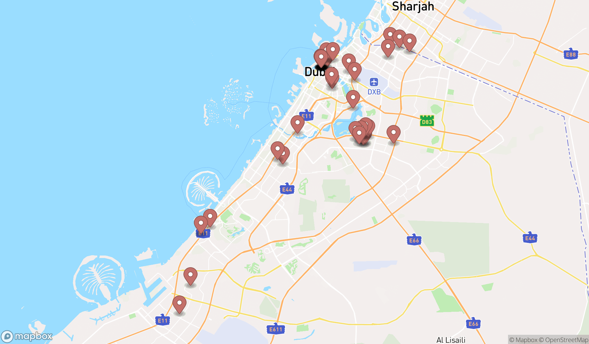 Map showing the search results in Dubai