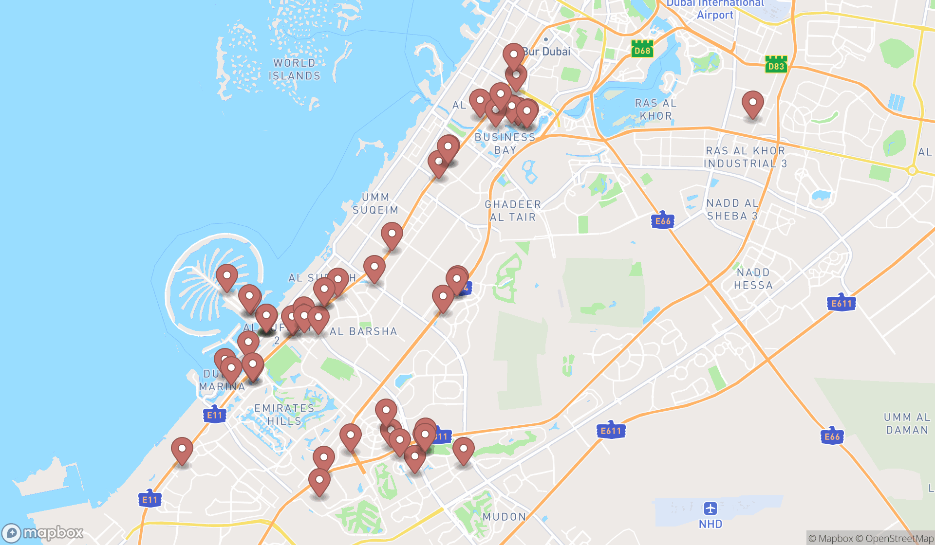 Map showing the search results in Dubai