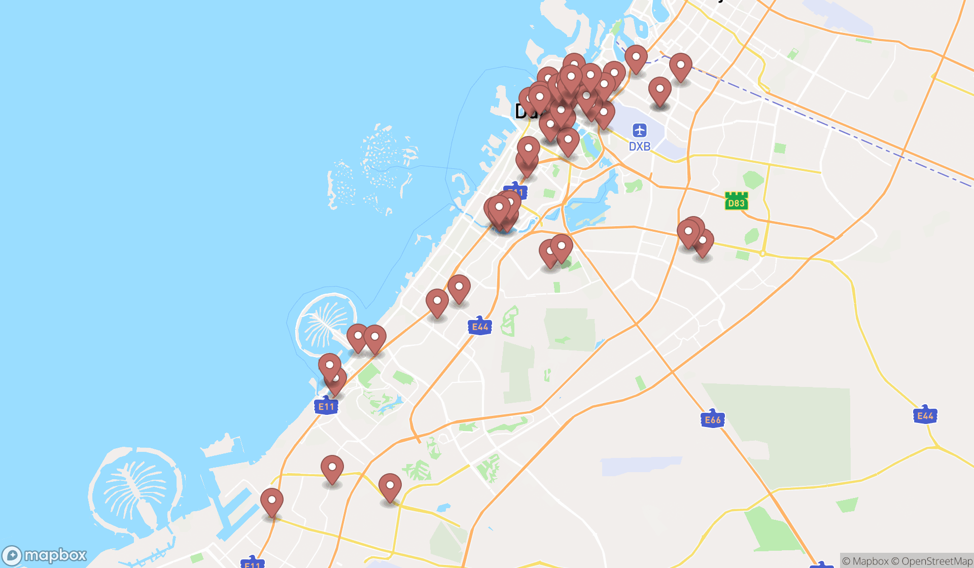 Map showing the search results in Dubai