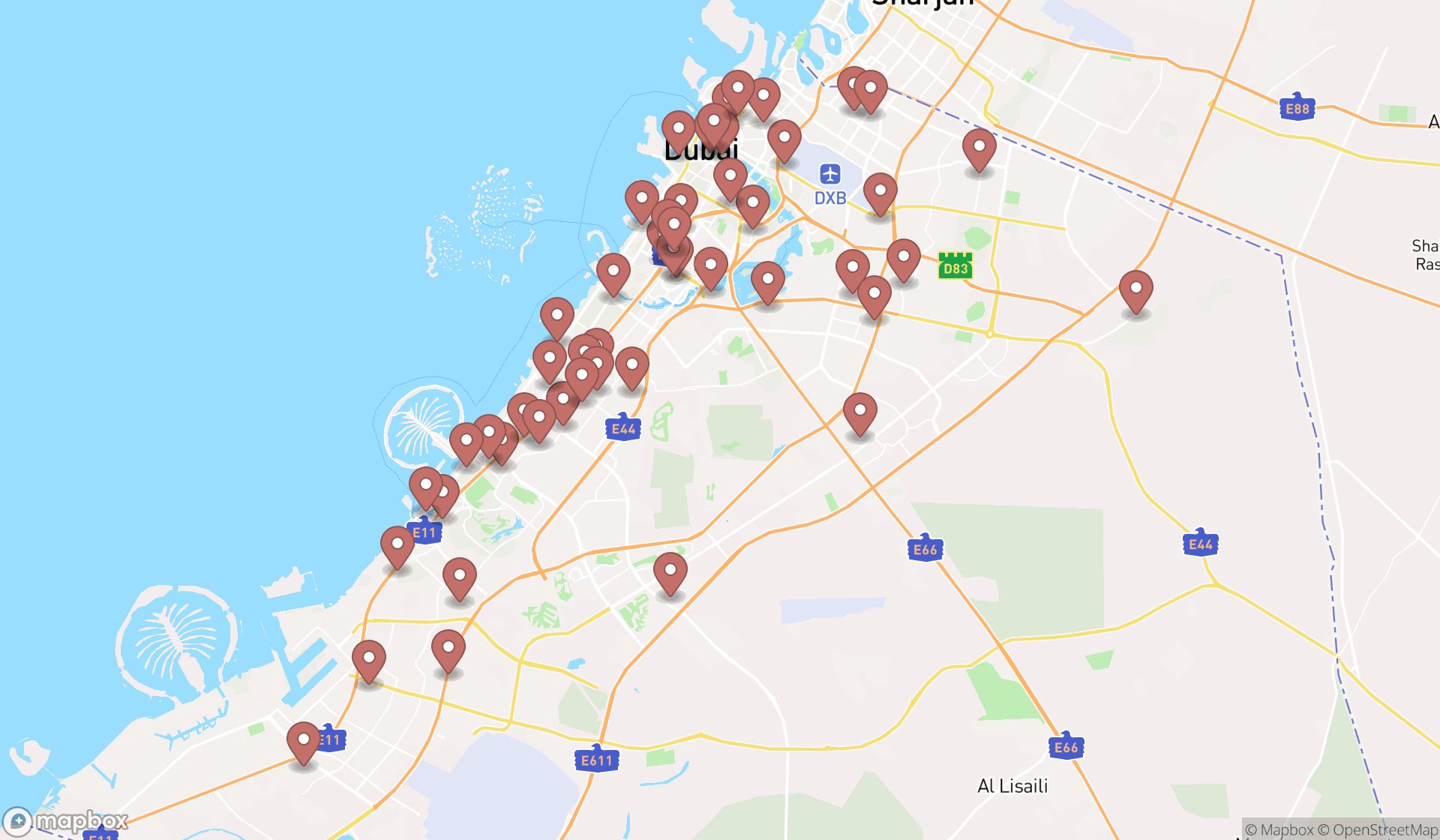 Map showing the search results in Dubai
