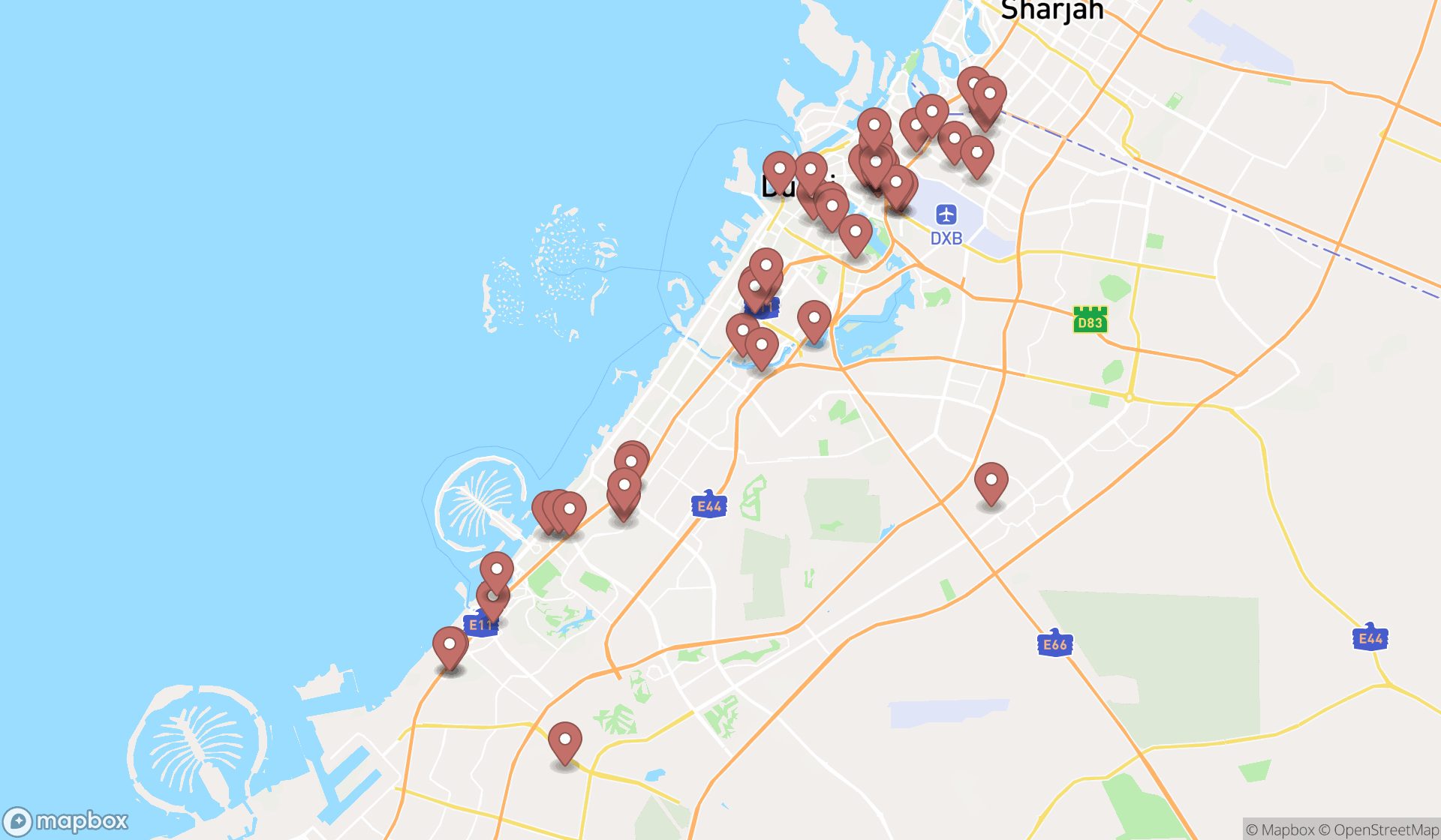 Map showing the search results in Dubai