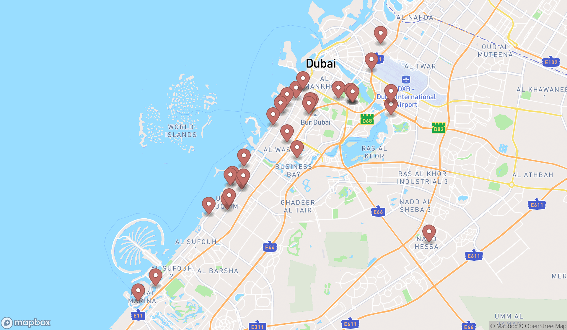 Map showing the search results in Dubai