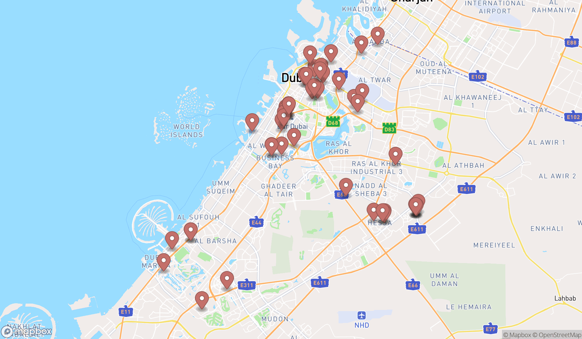 Map showing the search results in Dubai