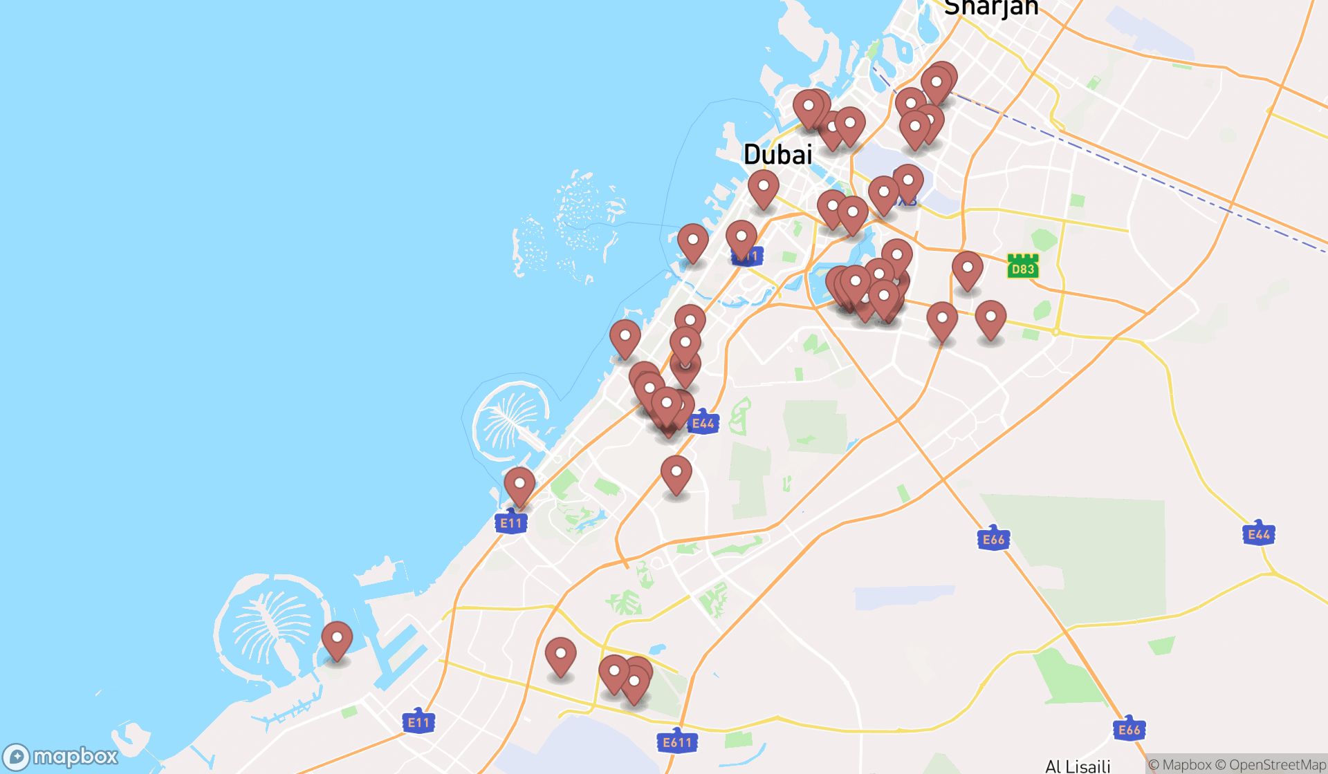 Map showing the search results in Dubai