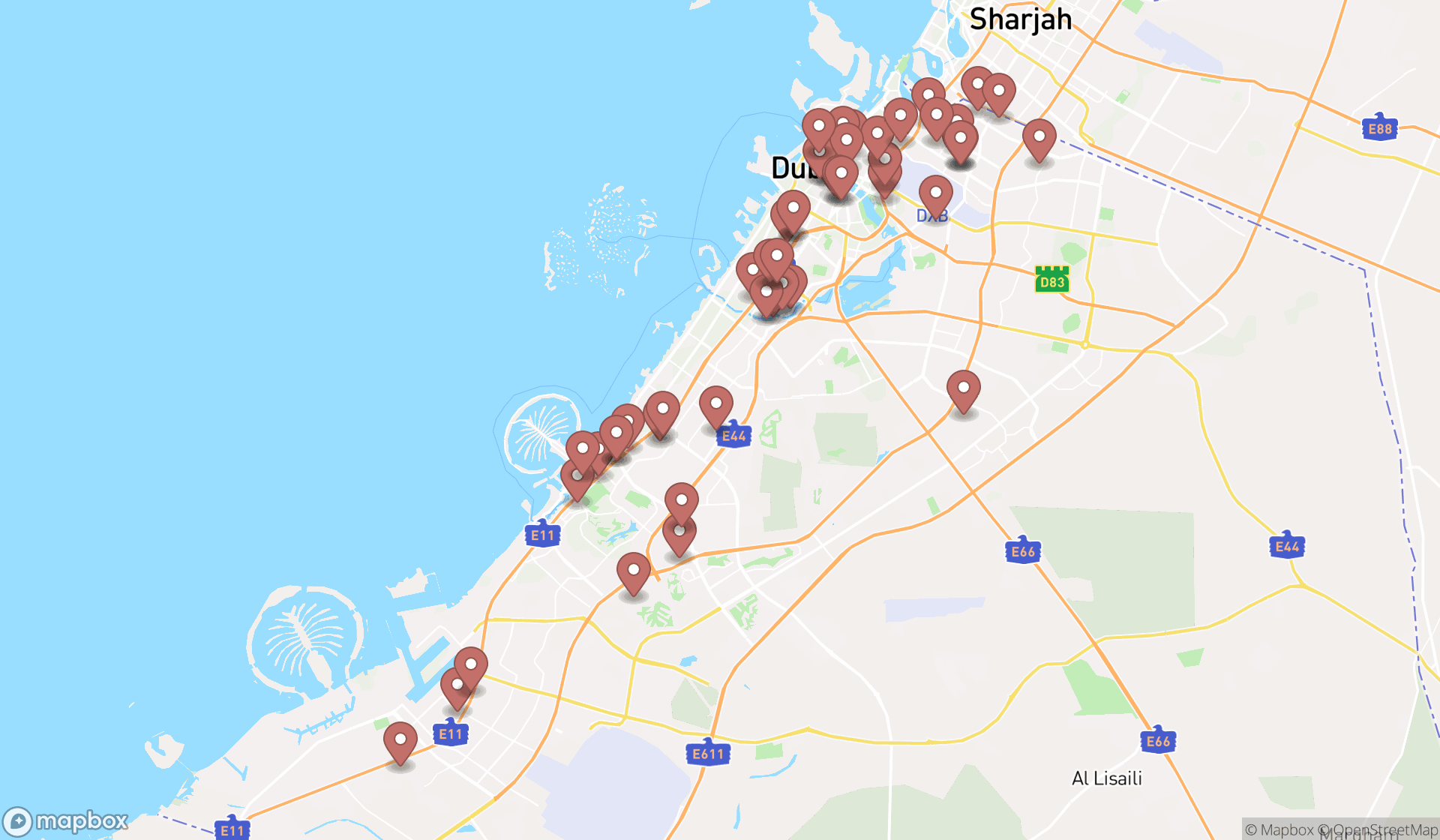 Map showing the search results in Dubai