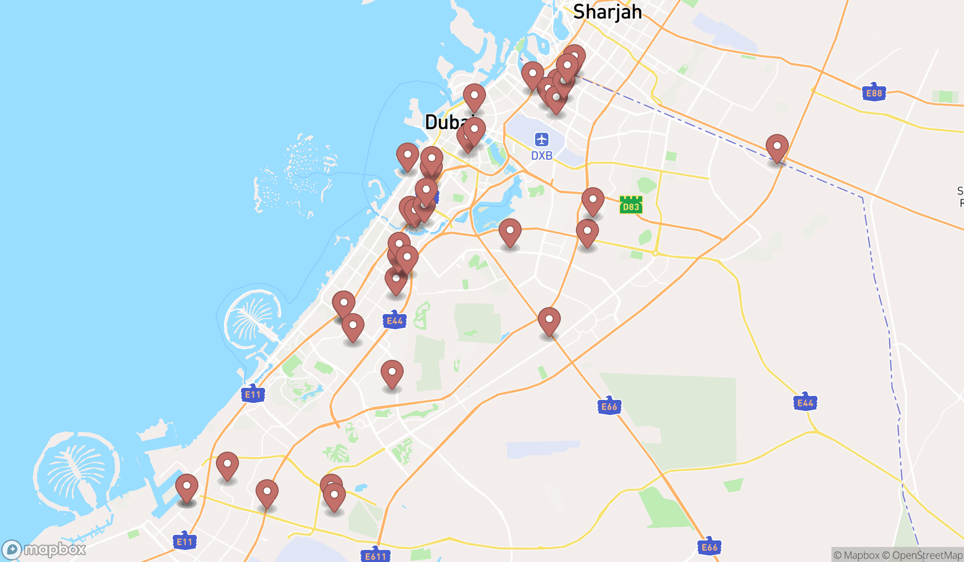 Map showing the search results in Dubai