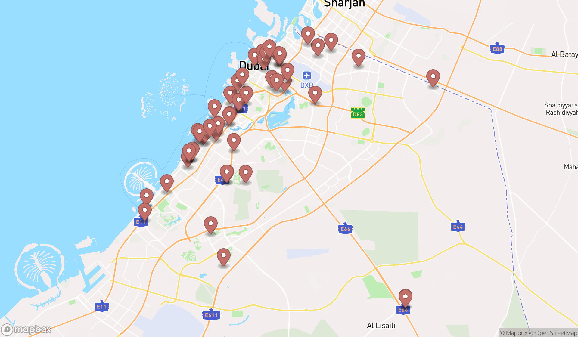 Map showing the search results in Dubai