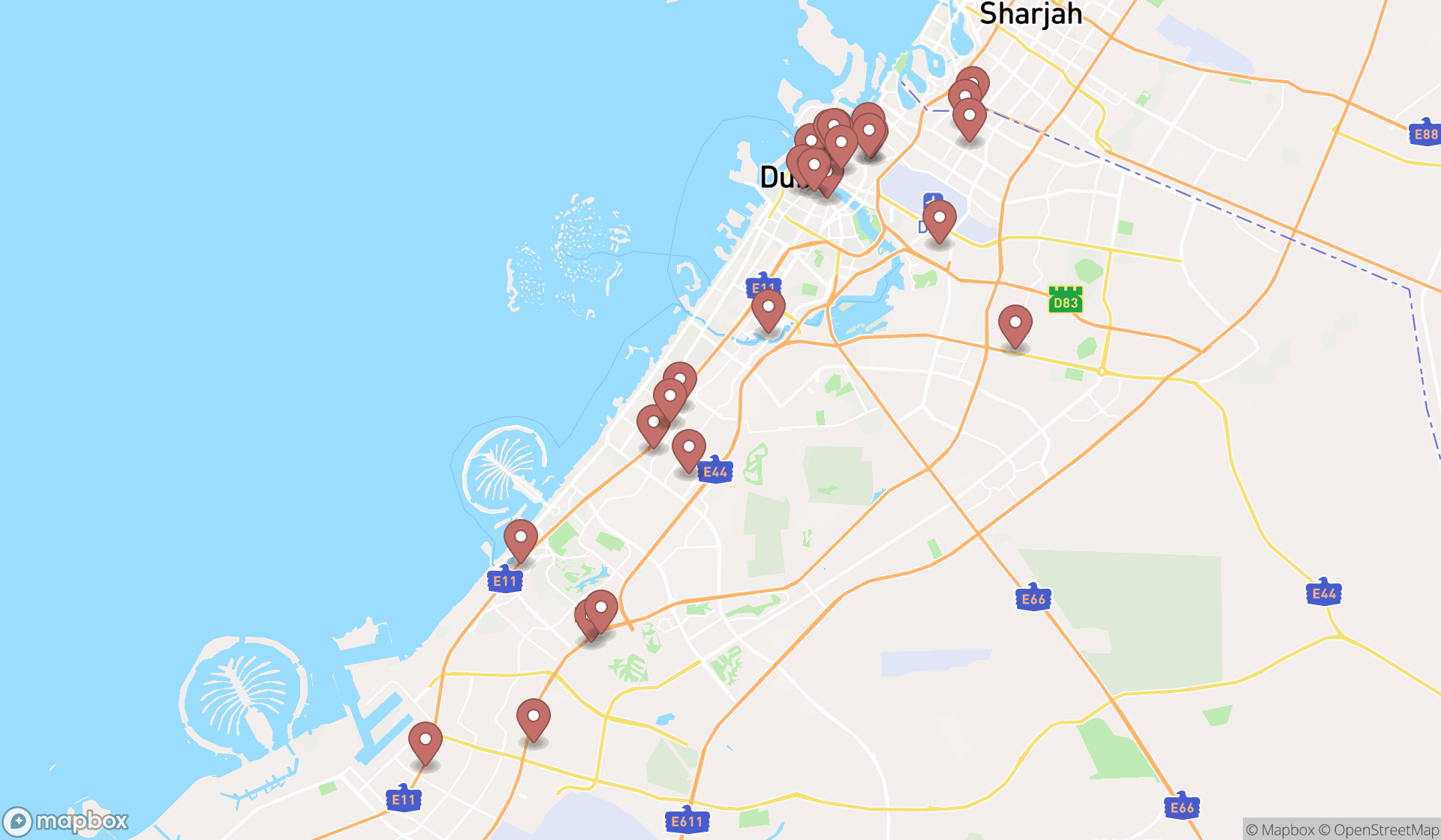 Map showing the search results in Dubai