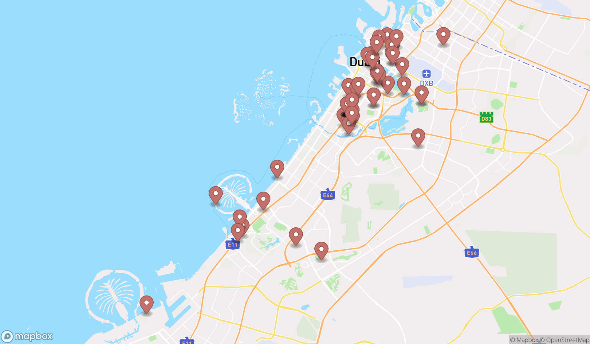Map showing the search results in Dubai
