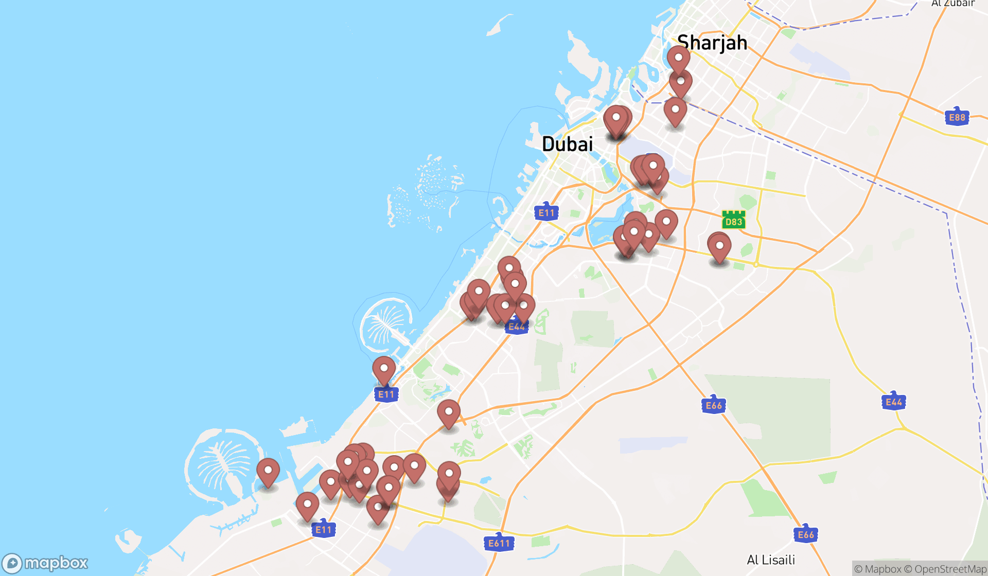 Map showing the search results in Dubai