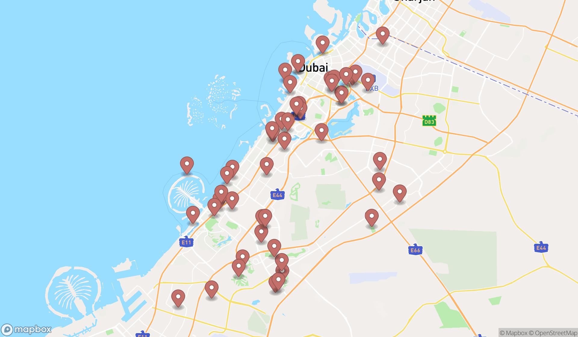 Map showing the search results in Dubai