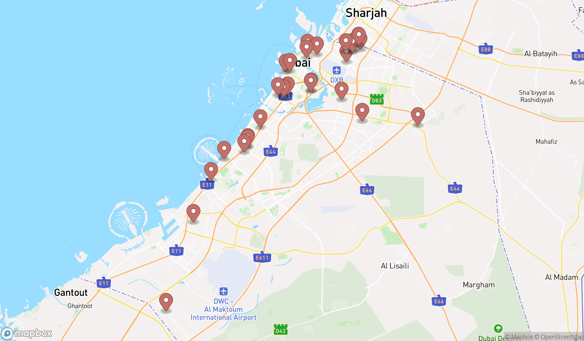 Map showing the search results in Dubai