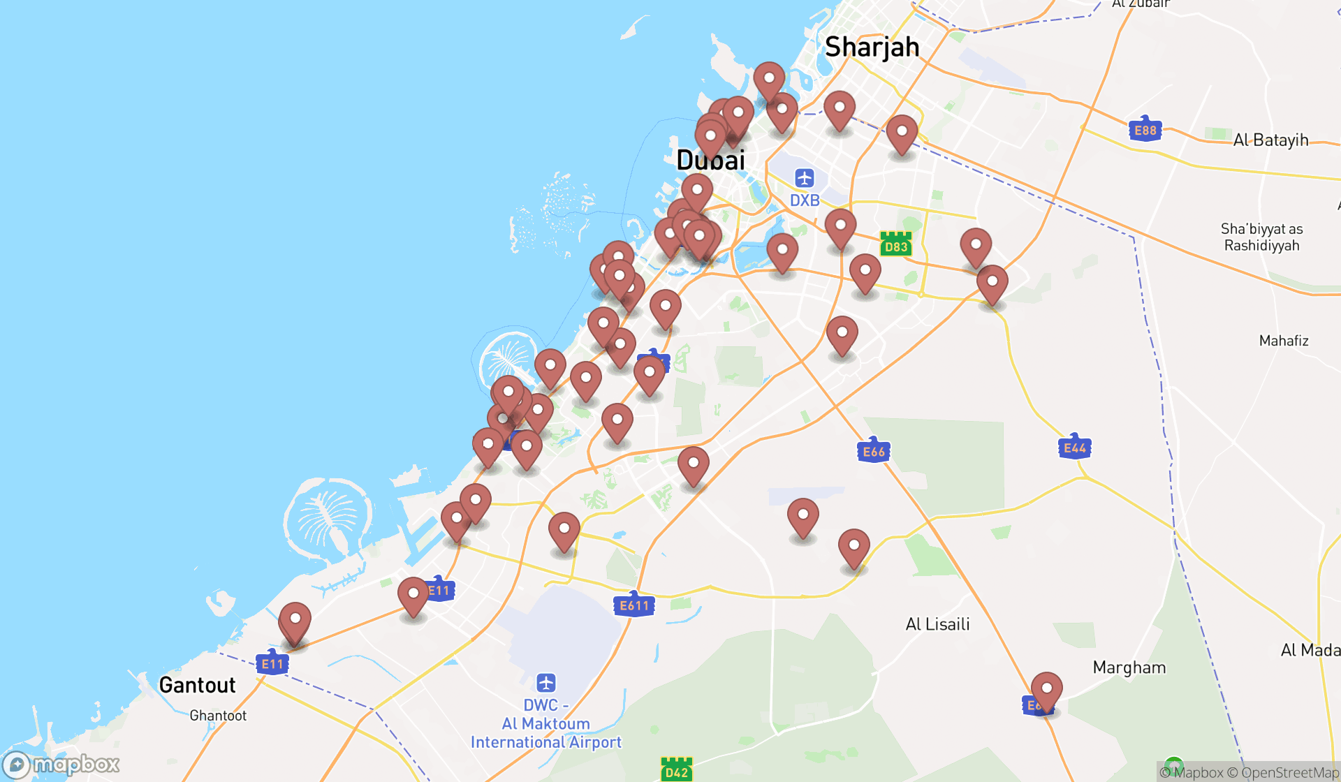 Map showing the search results in Dubai