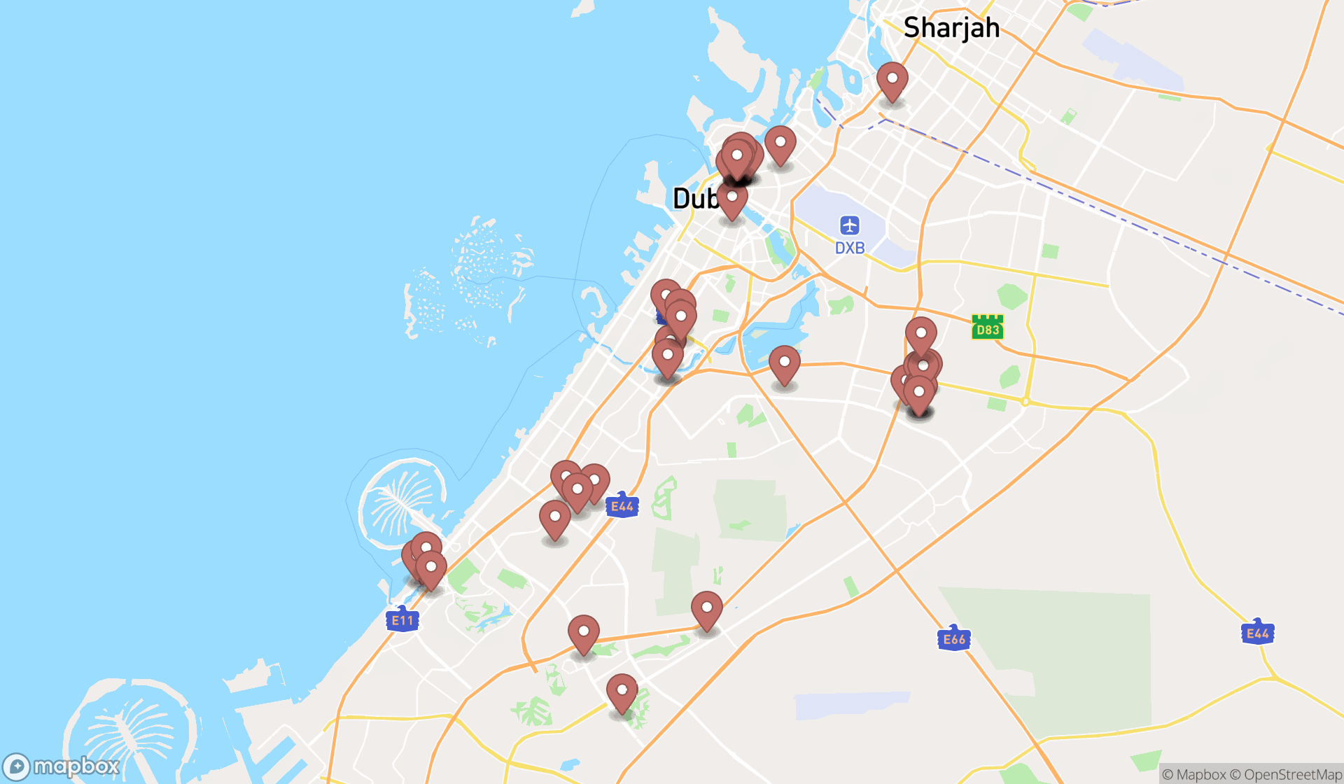 Map showing the search results in Dubai