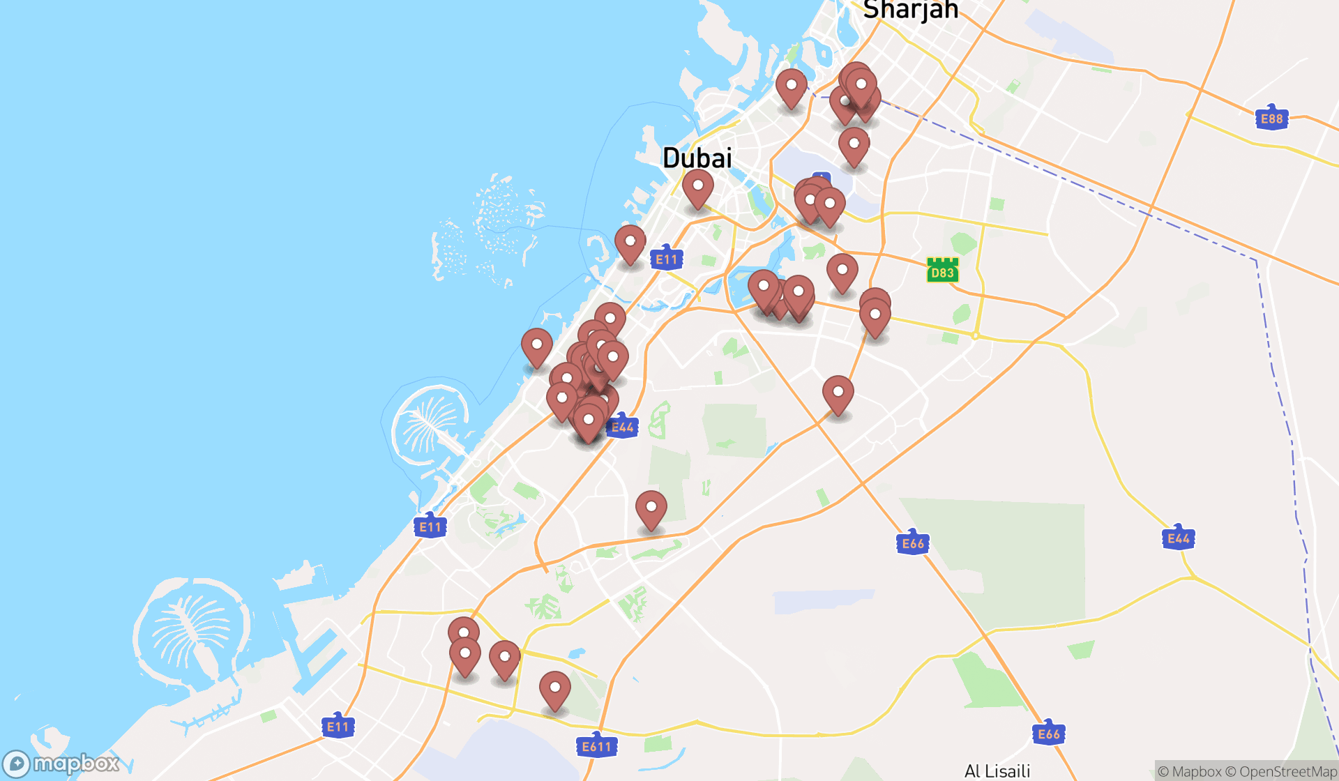 Map showing the search results in Dubai