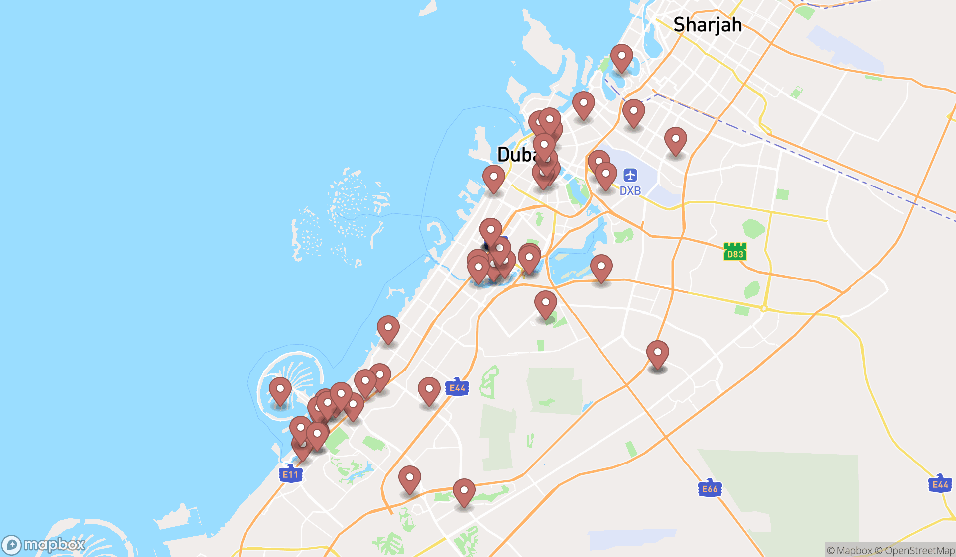Map showing the search results in Dubai