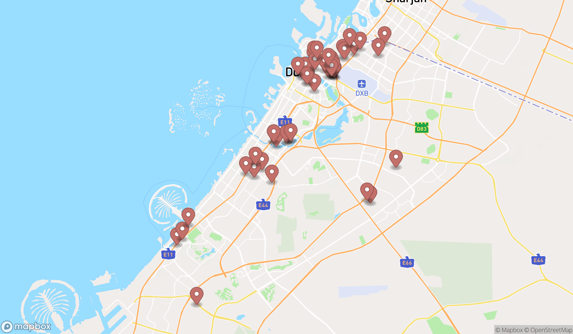 Map showing the search results in Dubai