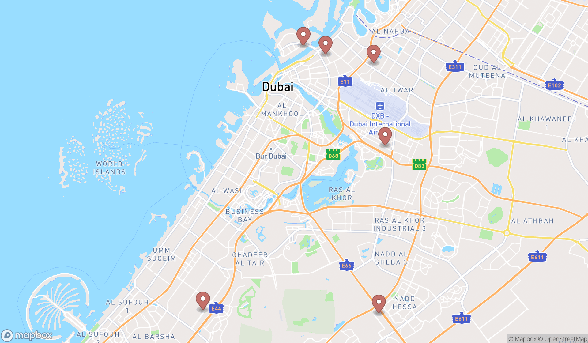Map showing the search results in Dubai