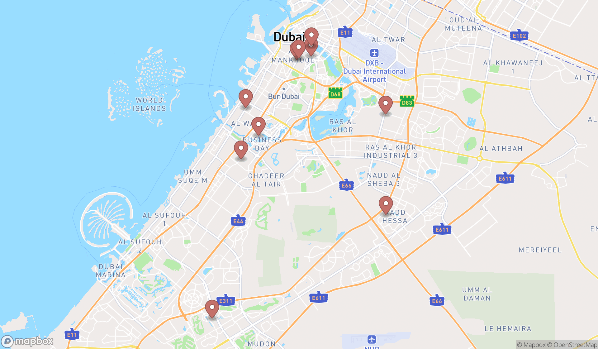 Map showing the search results in Dubai