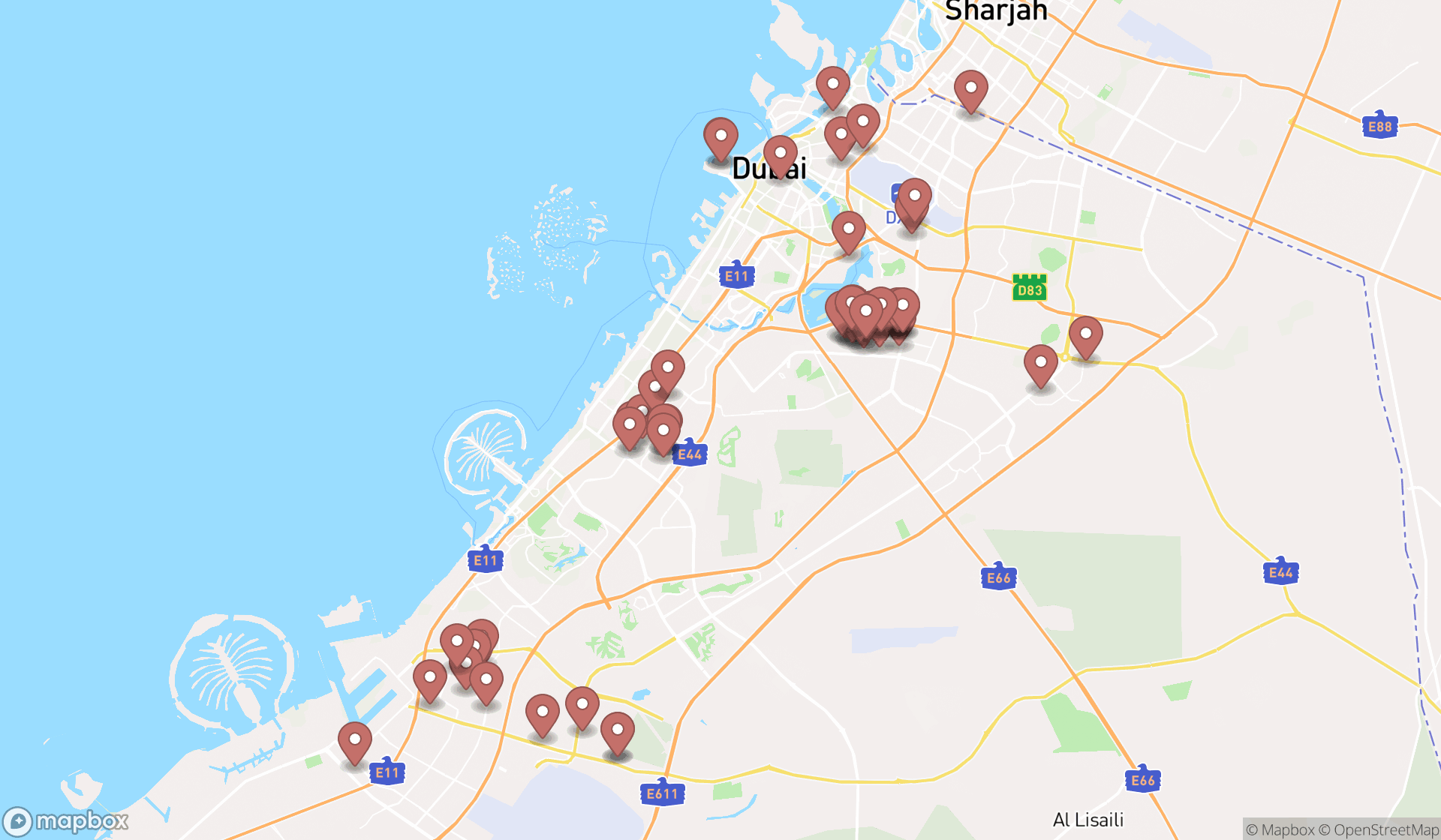 Map showing the search results in Dubai