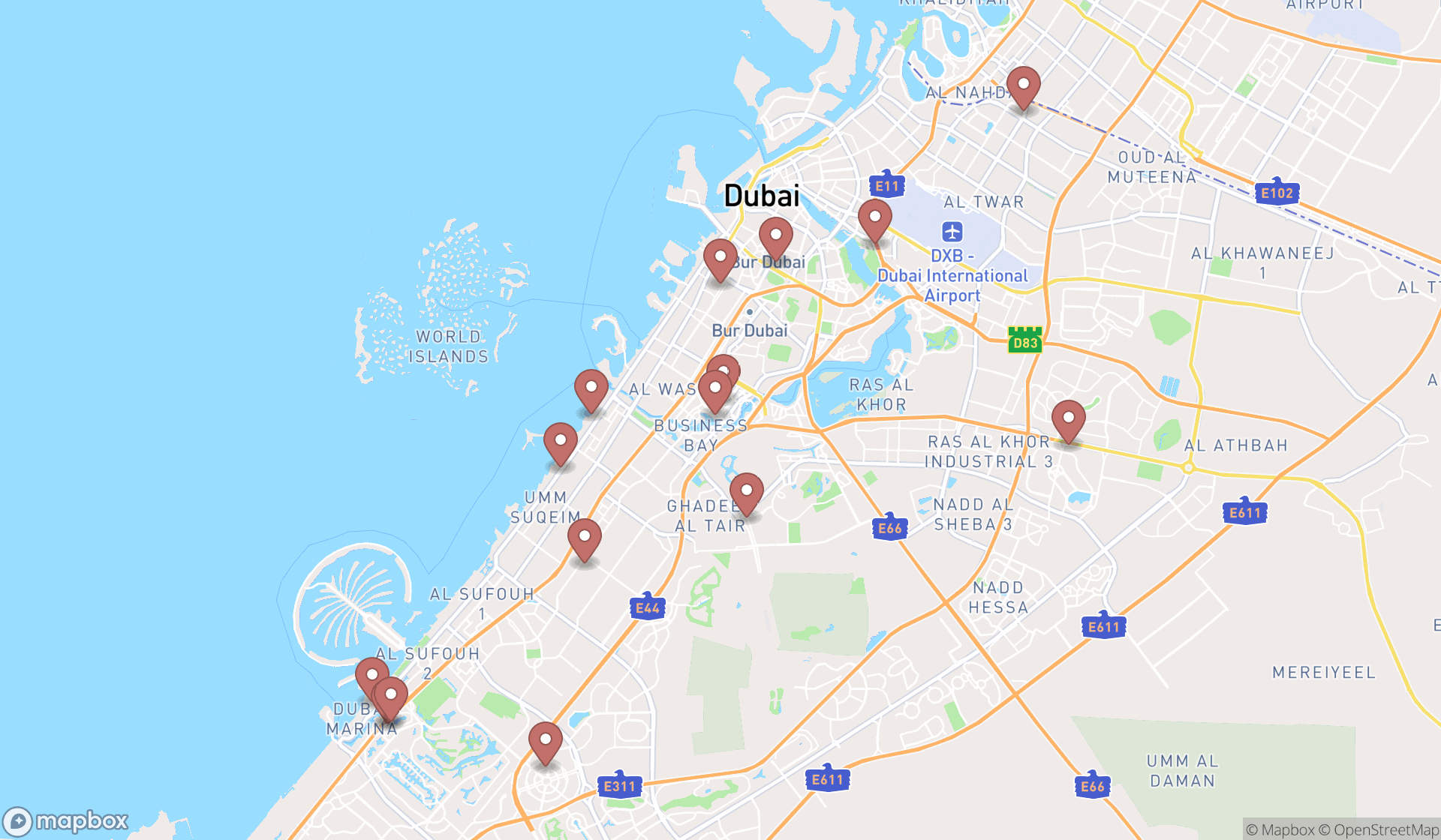 Map showing the search results in Dubai