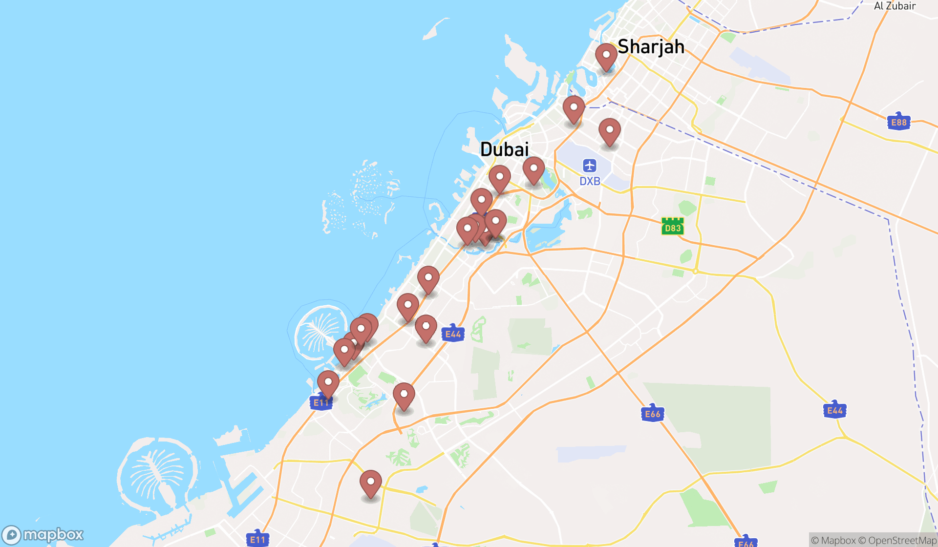 Map showing the search results in Dubai
