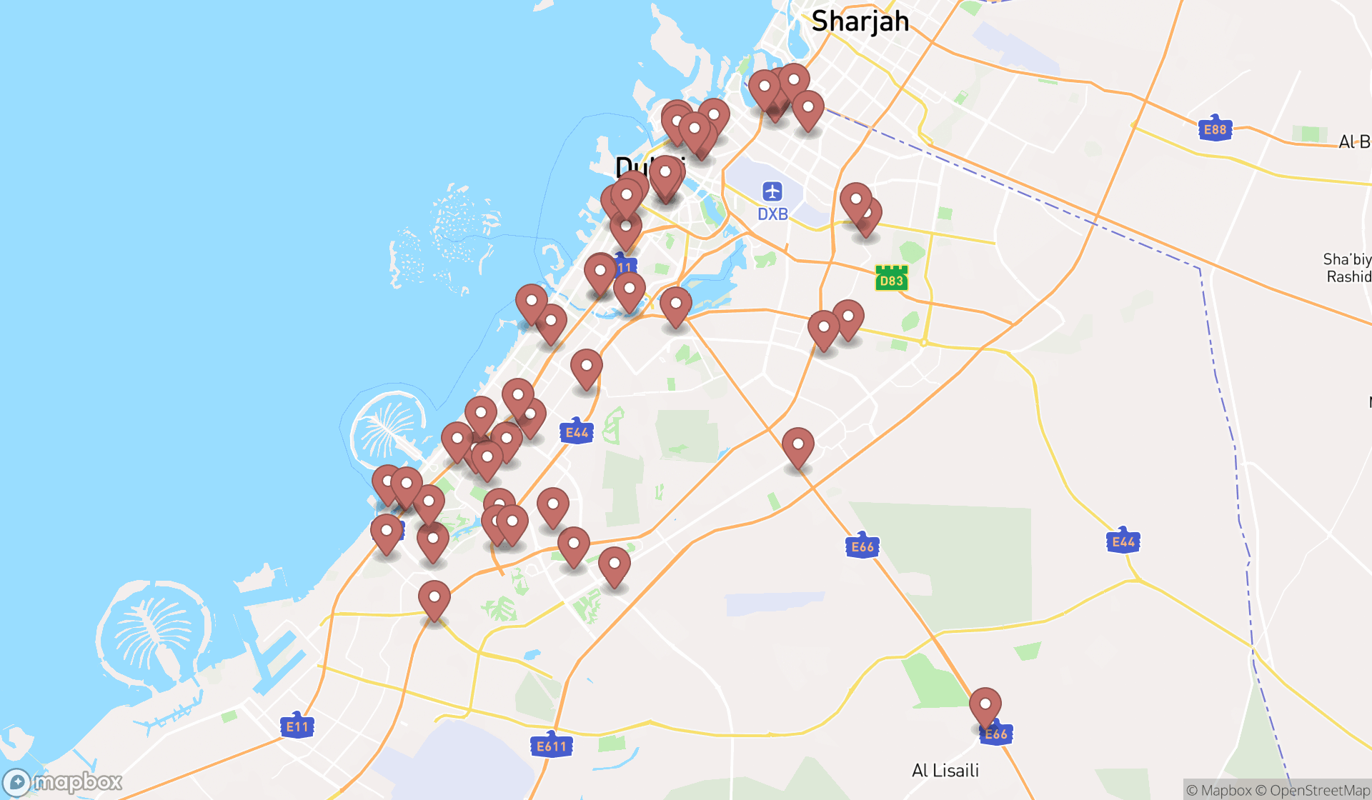 Map showing the search results in Dubai