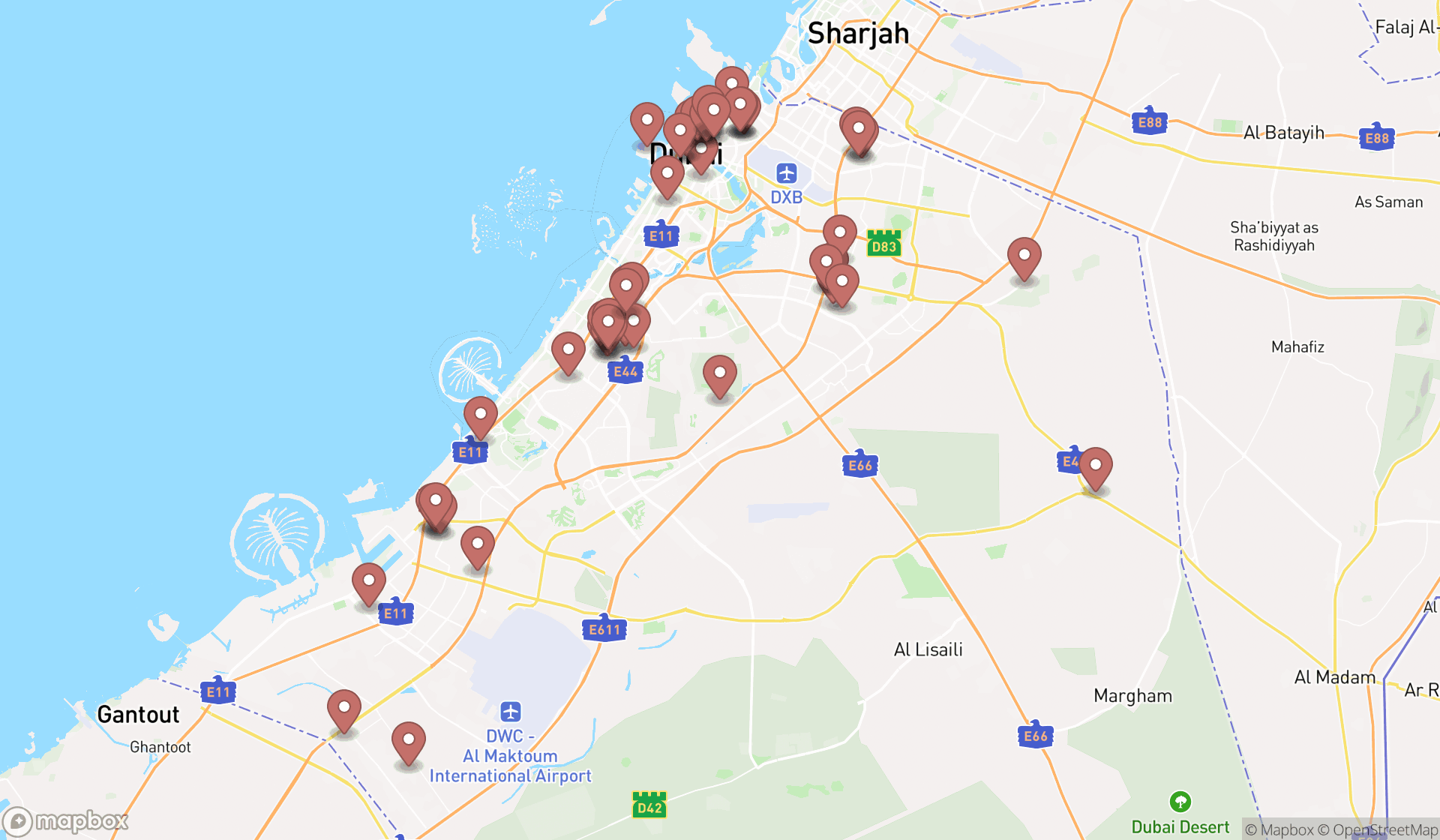 Map showing the search results in Dubai