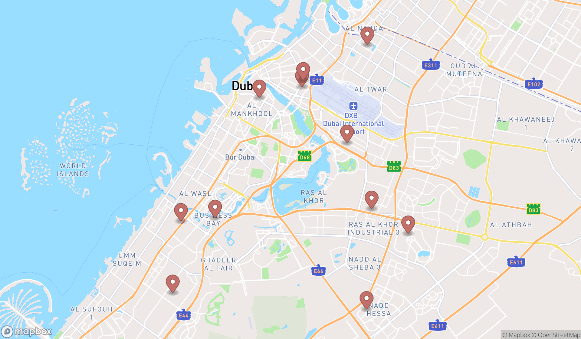 Map showing the search results in Dubai