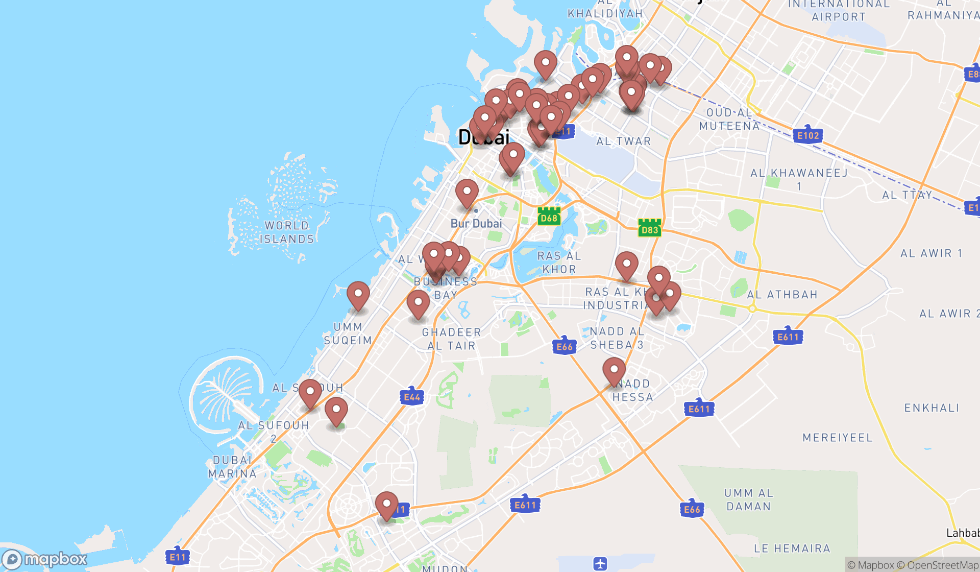 Map showing the search results in Dubai
