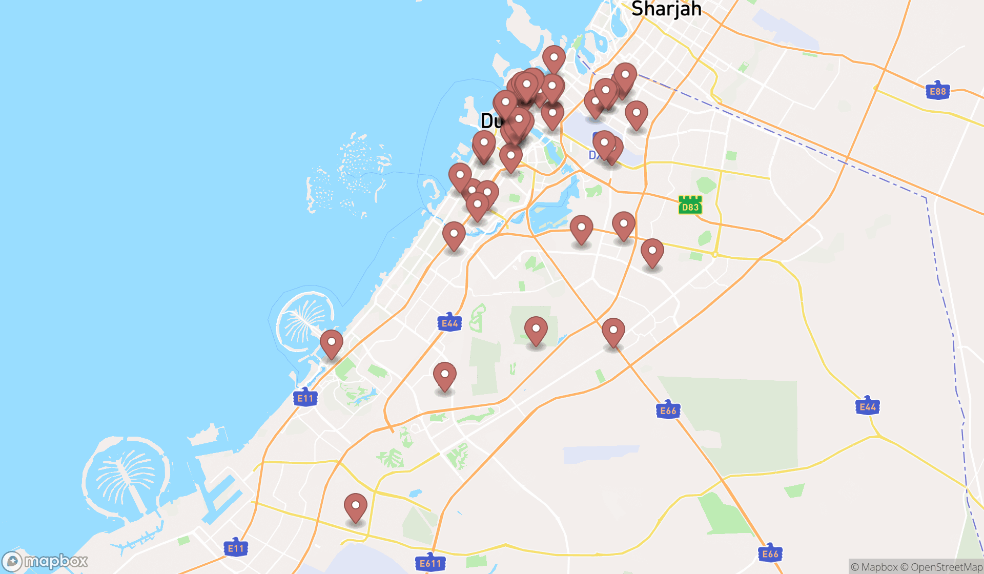 Map showing the search results in Dubai