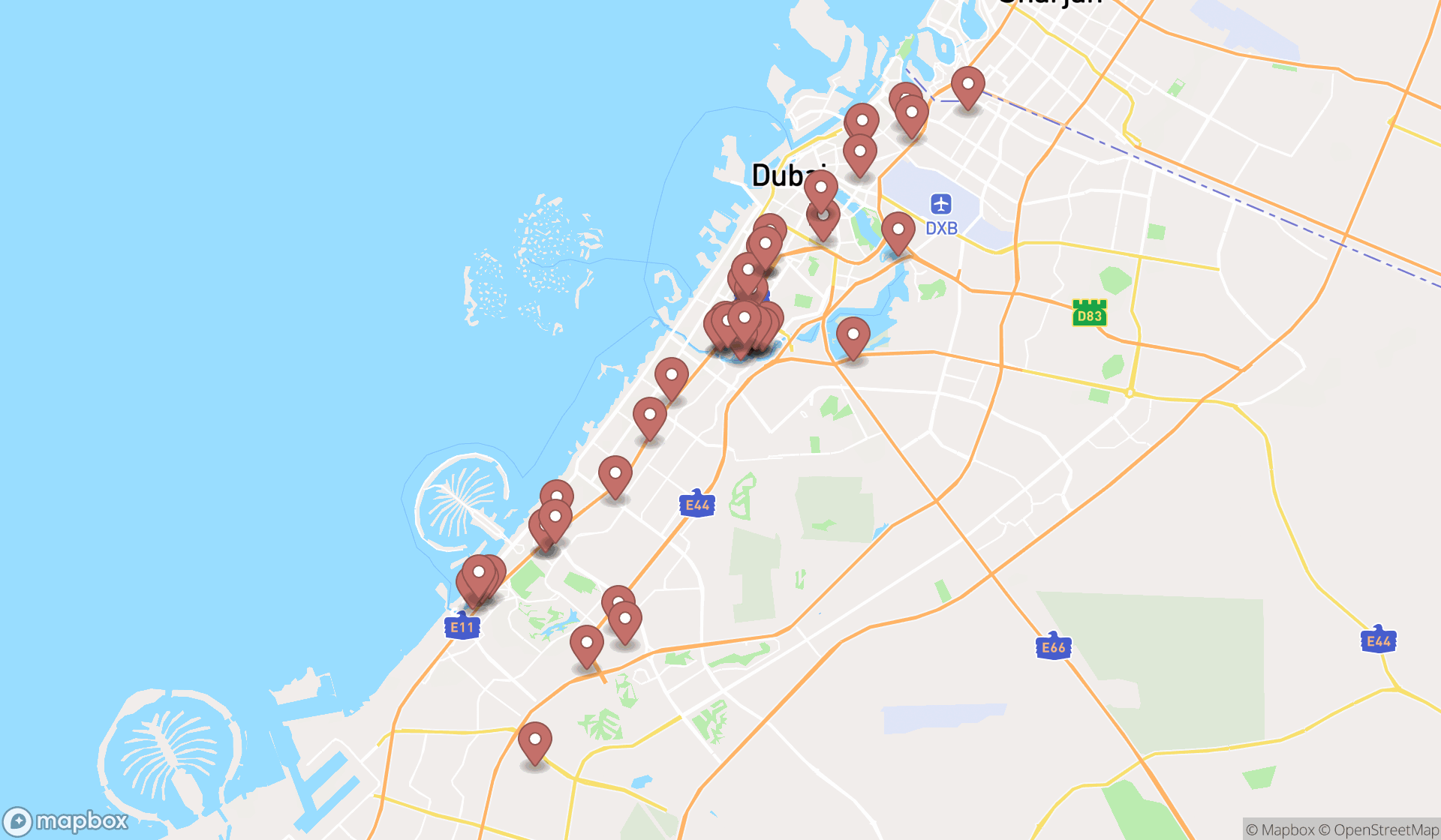 Map showing the search results in Dubai