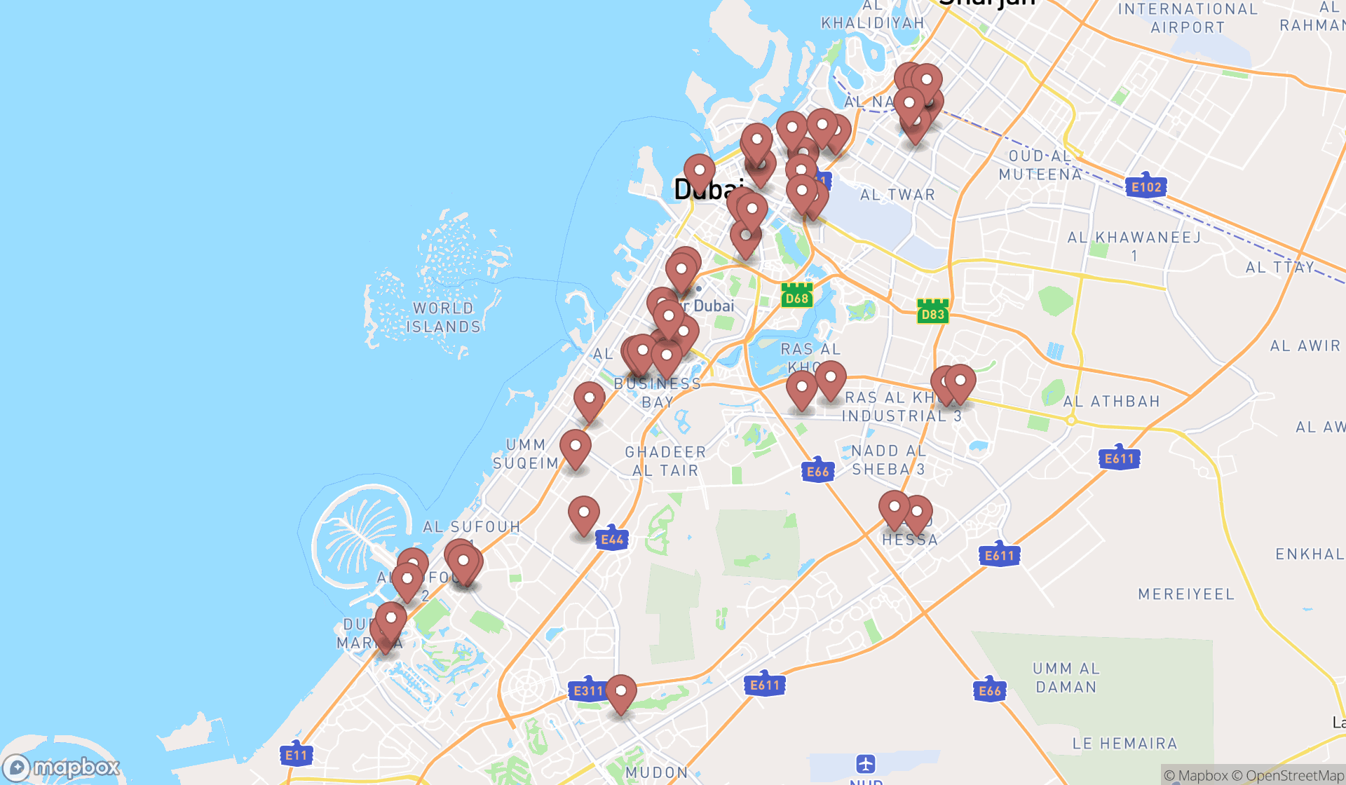 Map showing the search results in Dubai