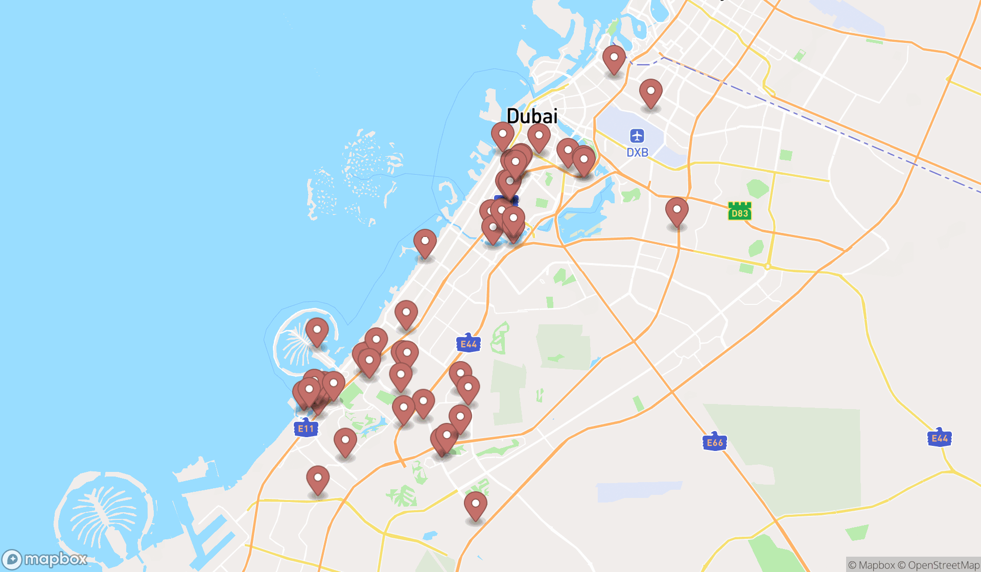 Map showing the search results in Dubai