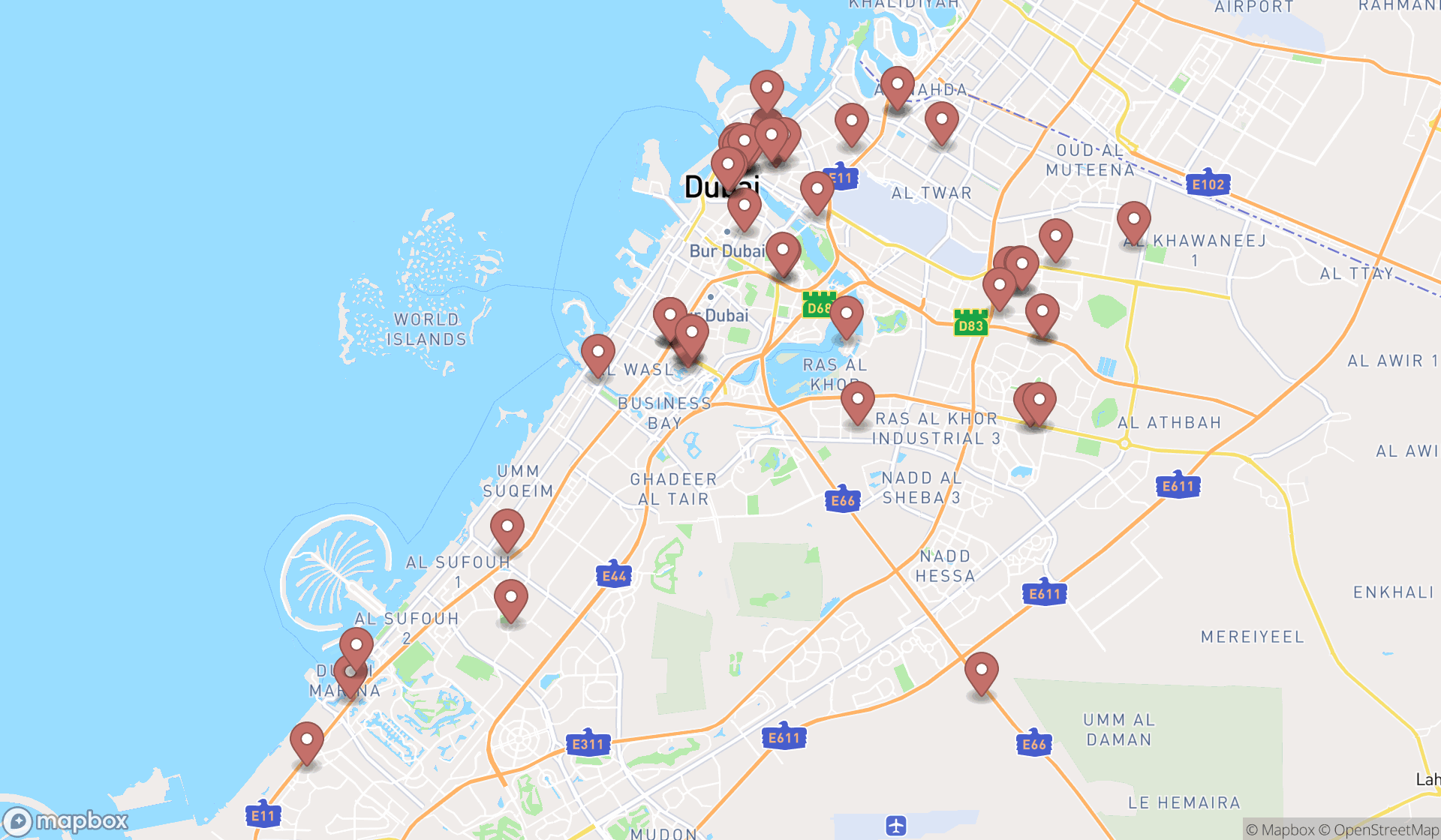 Map showing the search results in Dubai