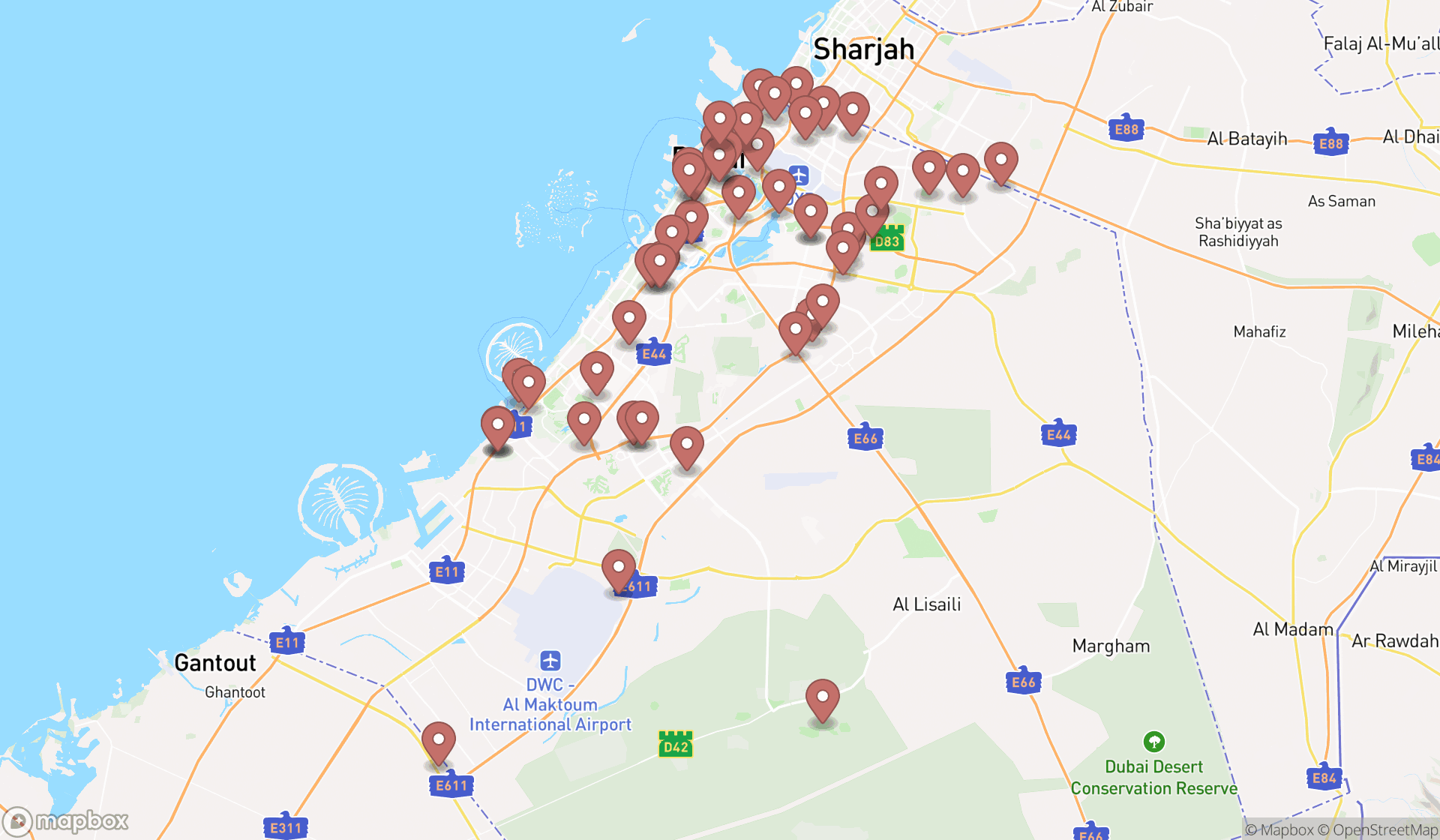 Map showing the search results in Dubai