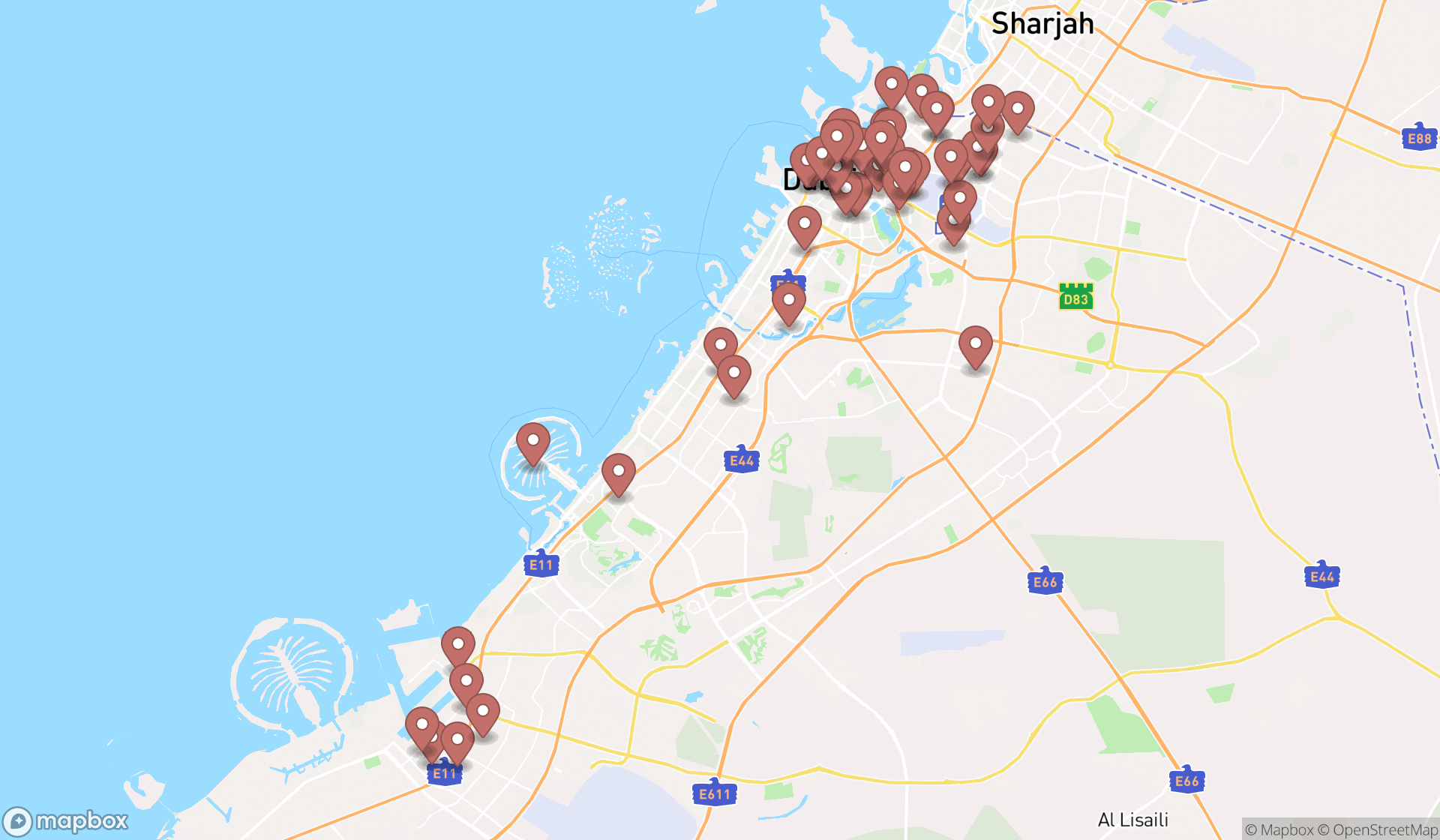 Map showing the search results in Dubai