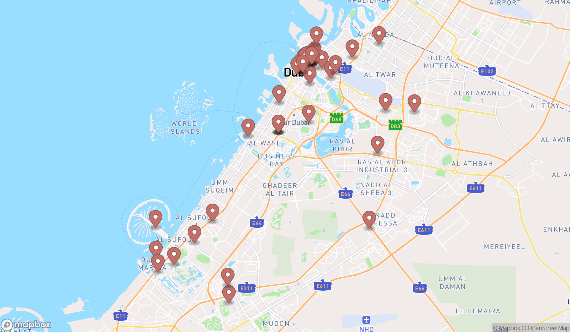 Map showing the search results in Dubai