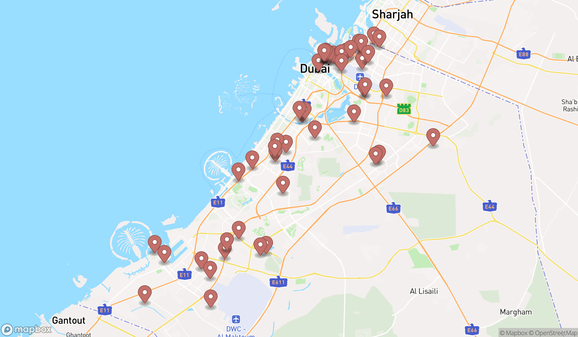 Map showing the search results in Dubai