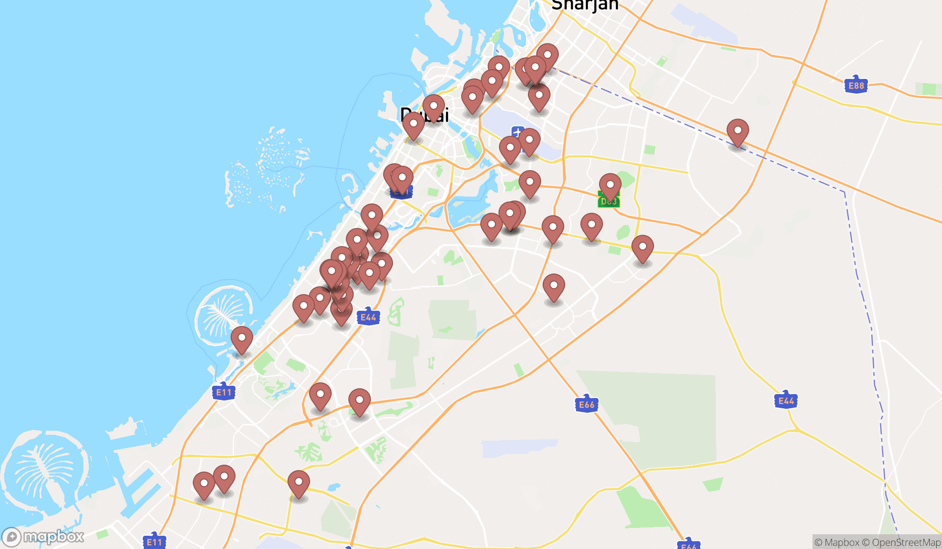 Map showing the search results in Dubai